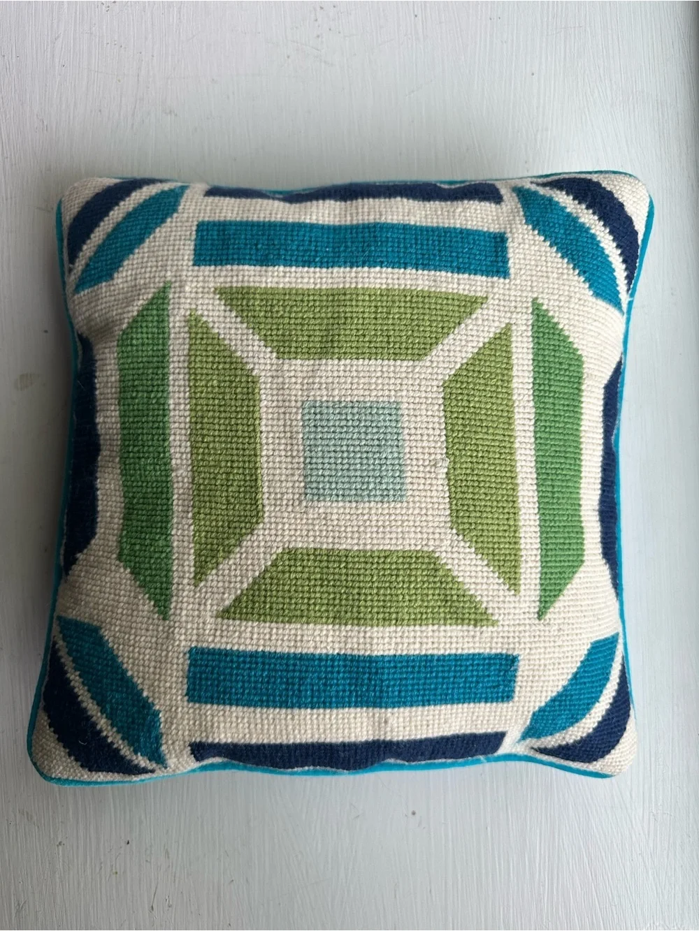 Trina Turk Wool Needlepoint Pillow Geometric Mod Coastal Blue Green 12x12